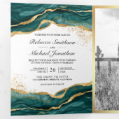 Invitation Trois Volets Code QR Mariage Encre Abstraite Or Sarcelle (Intérieur en premier)