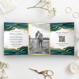 Invitation Trois Volets Code QR Mariage Encre Abstraite Or Sarcelle