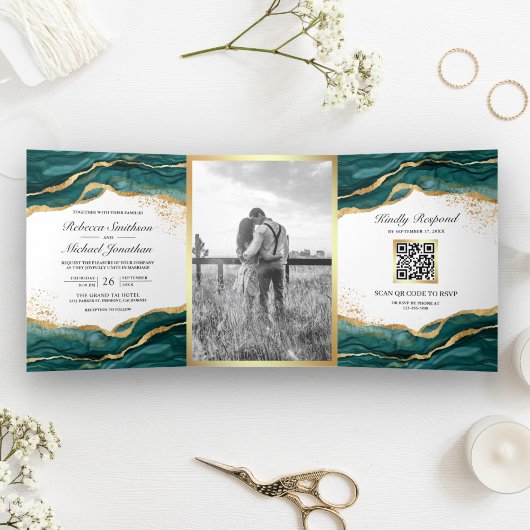 Invitation Trois Volets Code QR Mariage Encre Abstraite Or Sarcelle