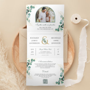 Invitation Trois Volets Code QR Mariage Eucalyptus Arche Photo Tout en Un