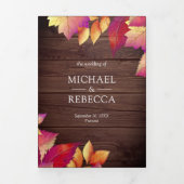 Invitation Trois Volets Code QR Mariage Feuilles d'Automne Bois Rustique (Page de couverture)