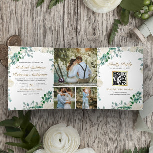 Invitation Trois Volets Code QR Mariage Feuilles Vertes de Sauge Florale I