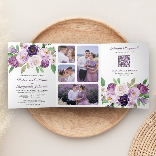 Invitation Trois Volets Code QR Mariage Fleur Florale Violet Rustique Tout