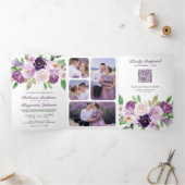 Invitation Trois Volets Code QR Mariage Fleur Florale Violet Rustique Tout (Intérieur)