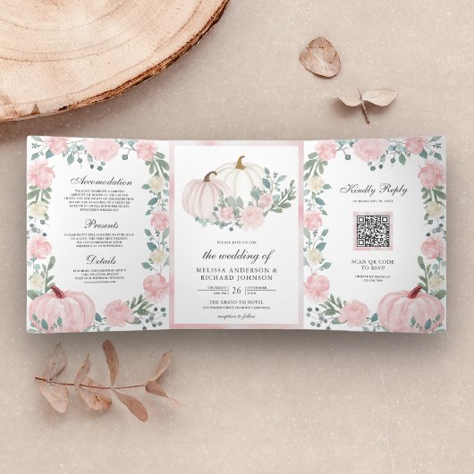 Invitation Trois Volets Code QR Mariage Fleurs de Citrouille Rose Pâle Rus