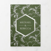 Invitation Trois Volets Code QR Mariage Floraison Argent Vert Olive (Page de couverture)