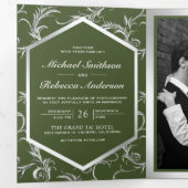 Invitation Trois Volets Code QR Mariage Floraison Argent Vert Olive (Intérieur en premier)