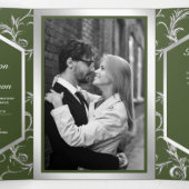 Invitation Trois Volets Code QR Mariage Floraison Argent Vert Olive (Intérieur au milieu)