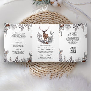 Invitation Trois Volets Code QR mariage forêt aquarelle bois cerf