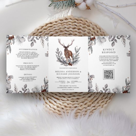 Invitation Trois Volets Code QR mariage forêt aquarelle bois cerf