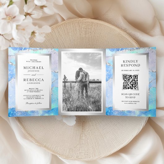 Invitation Trois Volets Code QR Mariage Marbre Agate Argent Bleu Pastel