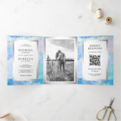 Invitation Trois Volets Code QR Mariage Marbre Agate Argent Bleu Pastel (Intérieur)