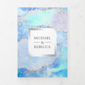 Invitation Trois Volets Code QR Mariage Marbre Agate Argent Bleu Pastel (Page de couverture)