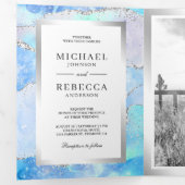 Invitation Trois Volets Code QR Mariage Marbre Agate Argent Bleu Pastel (Intérieur en premier)