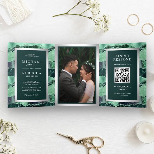 Invitation Trois Volets Code QR Mariage Marbre Agate Pailletée Vert de Mer
