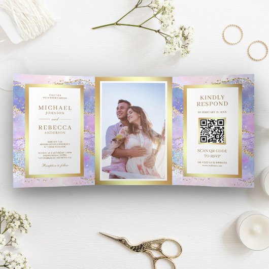 Invitation Trois Volets Code QR Mariage Marbre Agate Rose Lavande Or