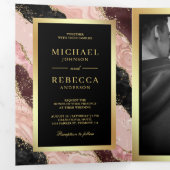 Invitation Trois Volets Code QR Mariage Marbre Agate Rose Pâle Noir Or (Intérieur en premier)