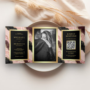 Invitation Trois Volets Code QR Mariage Marbre Agate Rose Pâle Noir Or