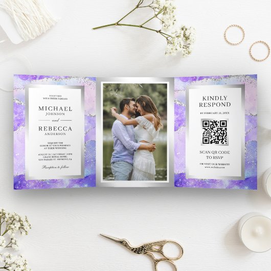 Invitation Trois Volets Code QR Mariage Marbre Agate Violet Lavande