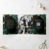 Invitation Trois Volets Code QR Mariage Marbre Floral Or Vert Emeraude (Intérieur)
