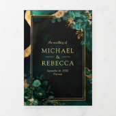 Invitation Trois Volets Code QR Mariage Marbre Floral Or Vert Emeraude (Page de couverture)