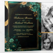 Invitation Trois Volets Code QR Mariage Marbre Floral Or Vert Emeraude (Intérieur en premier)
