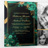 Invitation Trois Volets Code QR Mariage Marbre Floral Or Vert Menthe (Intérieur en premier)