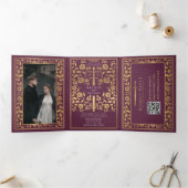 Invitation Trois Volets Code QR Mariage Mauve Royal Medieval (Intérieur)