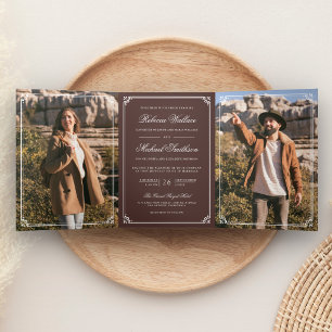 Invitation Trois Volets Code QR Mariage Minimaliste Photo Espresso Brun