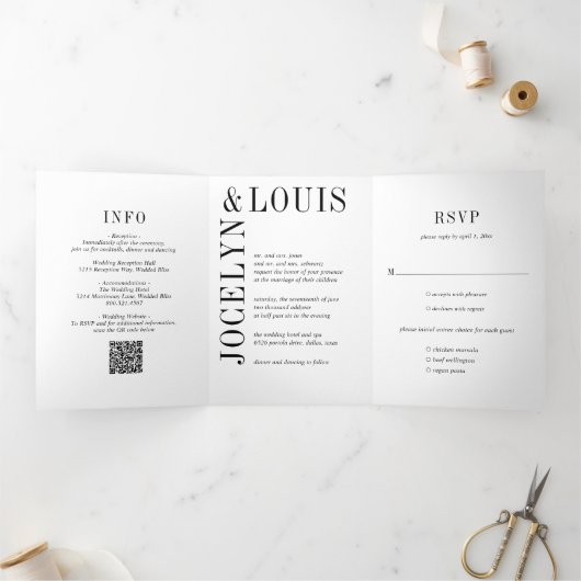 Invitation Trois Volets Code QR Mariage Moderne Noir et Blanc Gras (Intérieur)