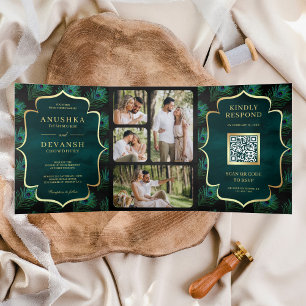 Invitation Trois Volets Code QR Mariage Plumes de Paon Sarcelle Noire