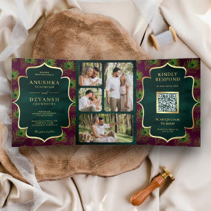 Invitation Trois Volets Code QR Mariage Plumes de Paon Vert Pourpre Violet