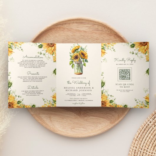 Invitation Trois Volets Code QR Mariage Pot Mason Tournesols Crème