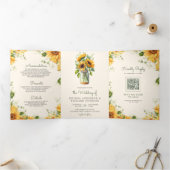 Invitation Trois Volets Code QR Mariage Pot Mason Tournesols Crème (Intérieur)