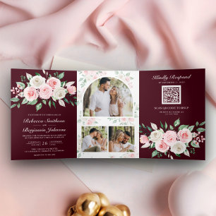 Invitation Trois Volets Code QR Mariage Rose Floral Bourgogne Rouge aux Jo