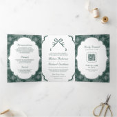 Invitation Trois Volets Code QR Mariage Ruban Coquette Blanc Émeraude (Intérieur)