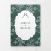 Invitation Trois Volets Code QR Mariage Ruban Coquette Blanc Émeraude (Page de couverture)