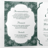 Invitation Trois Volets Code QR Mariage Ruban Coquette Blanc Émeraude (Intérieur en premier)