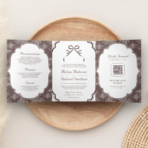 Invitation Trois Volets Code QR Mariage Ruban Coquette Brun Espresso