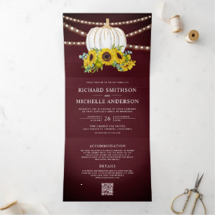 Invitation Trois Volets Code QR Mariage Tournesols Bourgogne Citrouille Bl