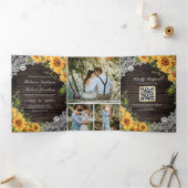 Invitation Trois Volets Code QR Mariage Tournesols Dentelle Bois de Grange (Intérieur)