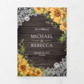 Invitation Trois Volets Code QR Mariage Tournesols Dentelle Bois de Grange (Page de couverture)