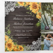 Invitation Trois Volets Code QR Mariage Tournesols Dentelle Bois de Grange (Intérieur en premier)