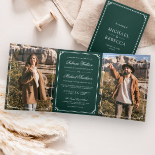 Invitation Trois Volets Code QR Minimaliste Vert Émeraude pour Mariage