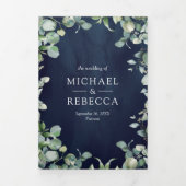 Invitation Trois Volets Code QR Moderne Eucalyptus Bleu Marine Mariage (Page de couverture)