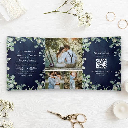 Invitation Trois Volets Code QR Moderne Eucalyptus Bleu Marine Mariage