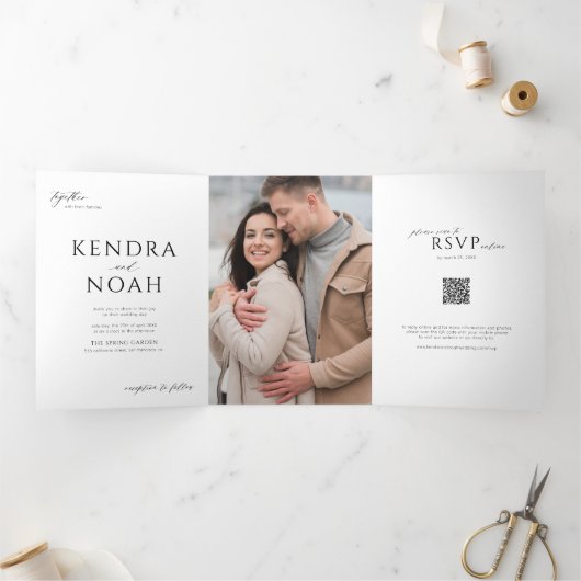 Invitation Trois Volets Code QR moderne simple PHOTO mariage élégant (Intérieur)