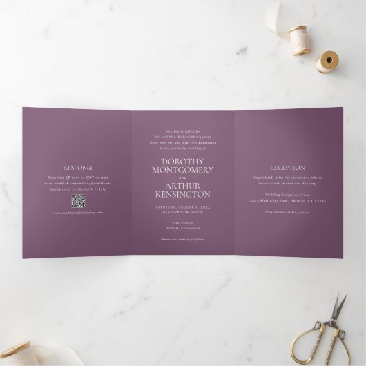 Invitation Trois Volets Code QR moderne violet élégant Mariage (Intérieur)