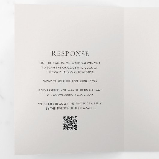 Invitation Trois Volets Code QR neutre propre Mariage élégant (Intérieur en premier)