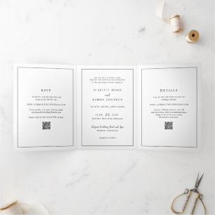 Invitation Trois Volets Code QR noir et blanc intemporel Mariage élégant